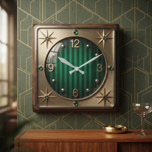Retro 1950s Mid Century Modern Emerald Green Gold Square Wall Clock