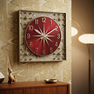 Retro 1950s Mid Century Modern Red and Sage Square Wall Clock