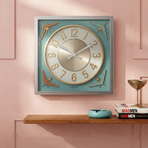 Retro 1950s Mid Century Modern Vintage Atomic Teal Square Wall Clock