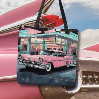 Retro 1950s Pink Car Mid‑Century Diner Tote Bag
