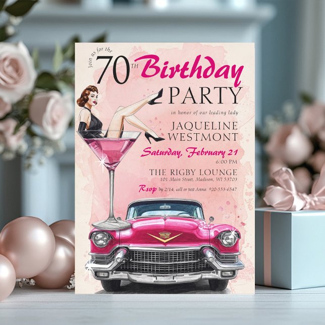 Retro 1950's Pink Hollywood Glam 70th Birthday Invitation (Watercolor retro 1950's pink vintage cadillac old Hollywood glamour woman in martini 70th birthday)