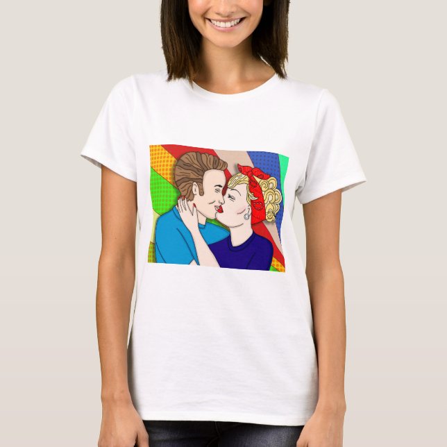 Retro 1950's Pop Art Style Couple Kissing  T-Shirt (Front)