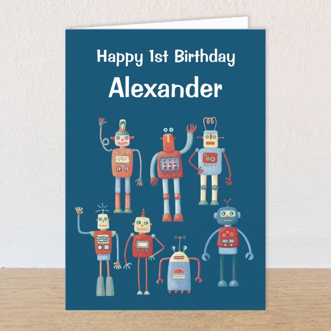 Retro 1950s Robots Custom Age & Name Birthday Announcement (Retro robot first birthday card)