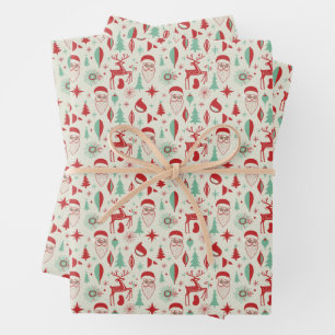 Retro 1950s Santa & Reindeer Mid-Century Christmas Wrapping Paper Sheet