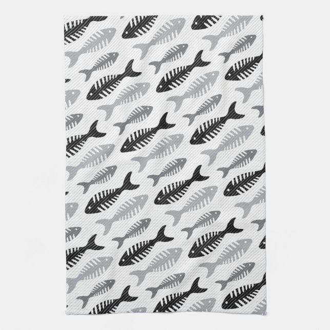 Retro 1950s Seafood Restaurant Fishbone Pattern Tea Towel (Vertical)