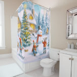 Retro 1950's Snowman Christmas  Shower Curtain<br><div class="desc">This Christmas/winter shower curtain bathroom accessory showcases a digital watercolor design,  featuring a retro 1950s snowman with children playfully engaged in the snow. This charming curtain is ideal for any snowman enthusiast. A matching towel set can be viewed within my Christmas towel collection,  created with AI art by Susang6.</div>