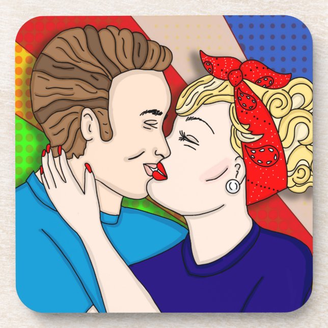 Retro 1950's Style Pop Art Couple Kissing Coaster (Front)