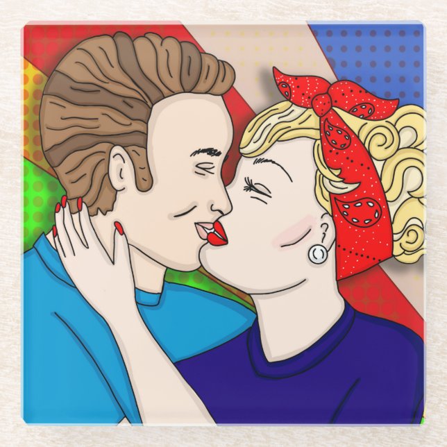 Retro 1950's Style Pop Art Couple Kissing Glass Coaster (Front)