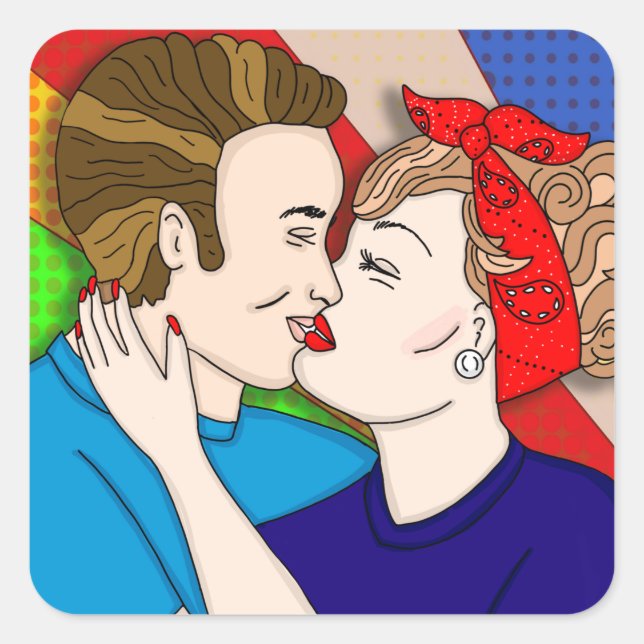 Retro 1950's Style Pop Art Couple Kissing  Square Sticker (Front)