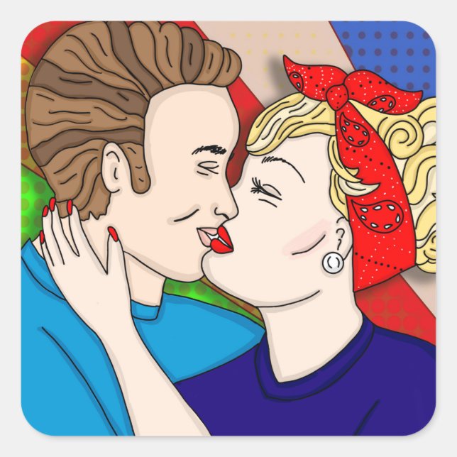 Retro 1950's Style Pop Art Couple Kissing     Square Sticker (Front)