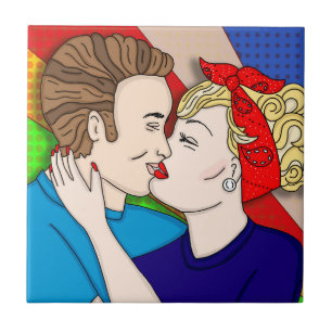 Retro 1950's Style Pop Art Couple Kissing   Tile