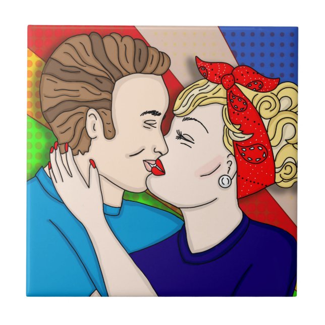 Retro 1950's Style Pop Art Couple Kissing   Tile (Front)