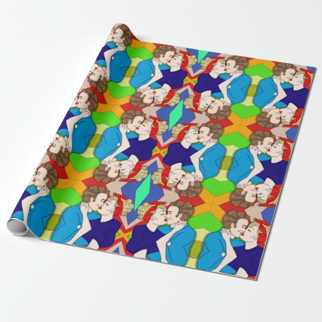 Retro 1950's Style Pop Art Couple Kissing   Wrapping Paper (Unrolled)