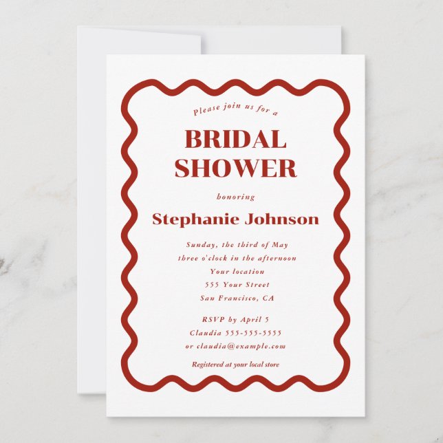 Retro 1950s Wavy Edge Dark Red Bridal Shower Invitation (Front)
