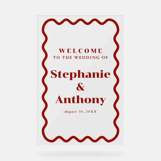 Retro 1950s Wavy Edge Dark Red Wedding Acrylic Sign (Front)