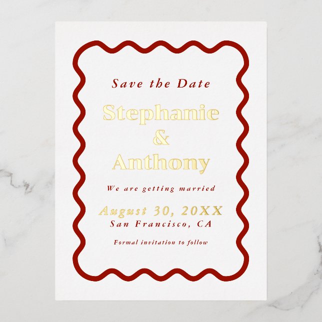 Retro 1950s Wavy Edge Dark Red Wedding    Foil Invitation Postcard (Front)