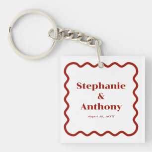 Retro 1950s Wavy Edge Dark Red Wedding Key Ring