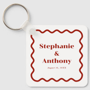 Retro 1950s Wavy Edge Dark Red Wedding Key Ring