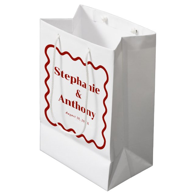 Retro 1950s Wavy Edge Dark Red Wedding Medium Gift Bag (Front Angled)