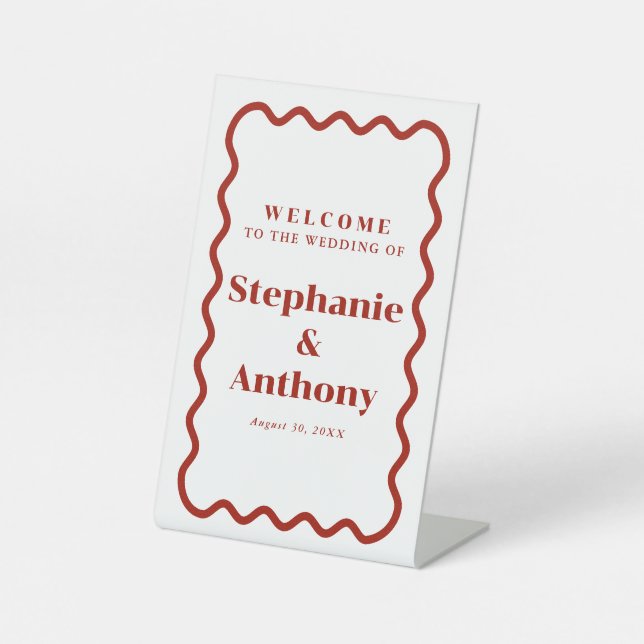 Retro 1950s Wavy Edge Dark Red Wedding Pedestal Sign (Front)