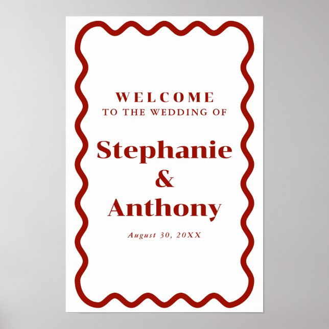 Retro 1950s Wavy Edge Dark Red Wedding Poster (Front)