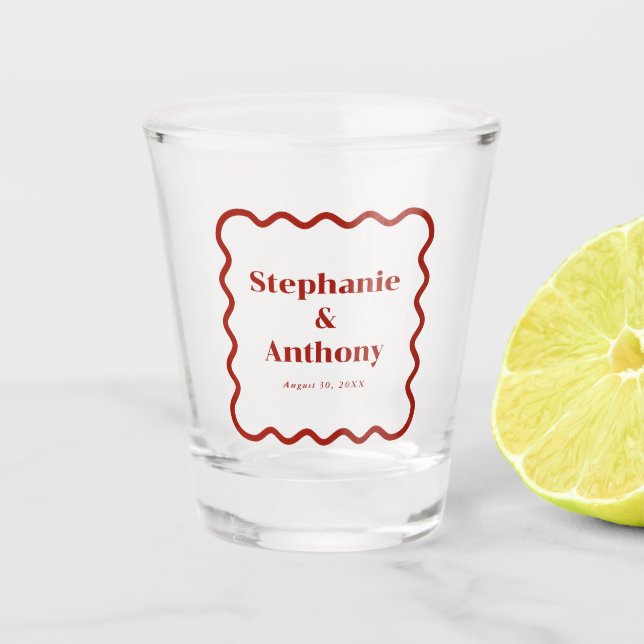Retro 1950s Wavy Edge Dark Red Wedding Shot Glass (Front)