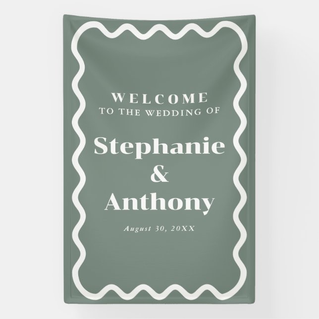 Retro 1950s Wavy Edge Sage Green Wedding Banner (Vertical)