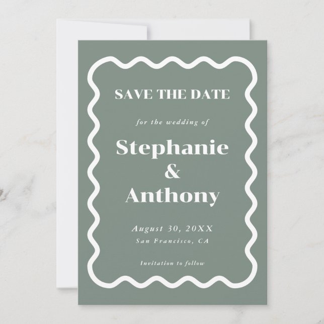 Retro 1950s Wavy Edge Sage Green Wedding Save The Date (Front)