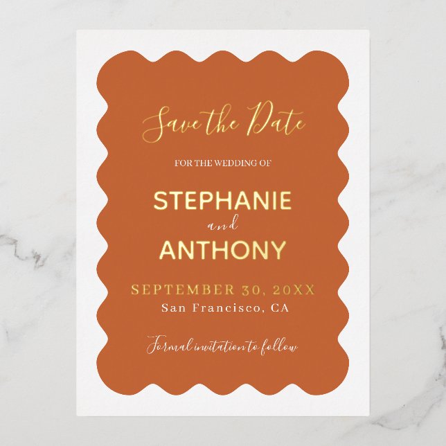 Retro 1950s Wavy Edge Terracotta Wedding    Foil Invitation Postcard (Front)