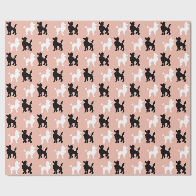 Retro 1950's White & Black Poodles on Salmon Pink Wrapping Paper (Flat)
