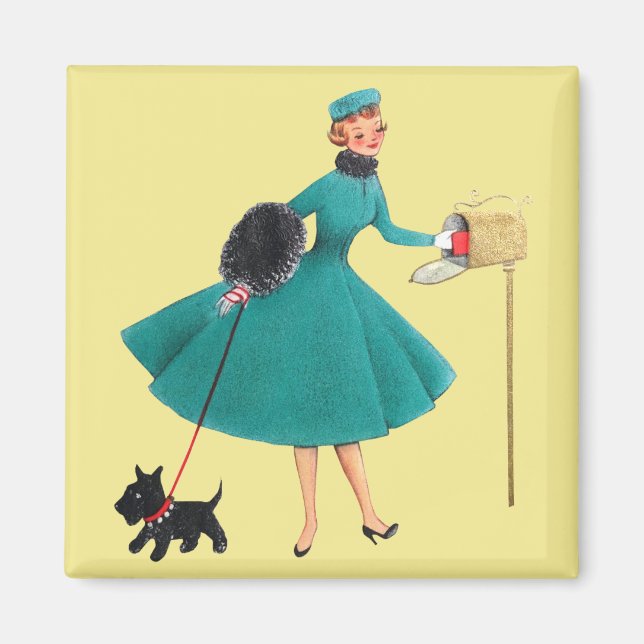 Retro 1950s Woman Scottie Christmas Cards Magnet (Front)