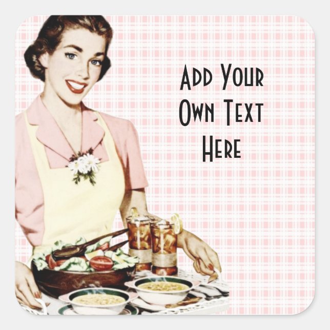 Retro 1950s Woman with Lunch Tray Square Sticker (Front)