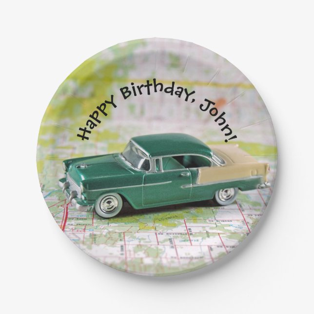 retro 1955 car on road map birthday paper plate (Front)