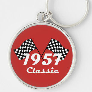 Retro 1957 Classic Black & White Chequered Flag Key Ring