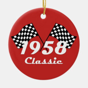 Retro 1958 Classic Black & White Checked Race Flag Ceramic Tree Decoration
