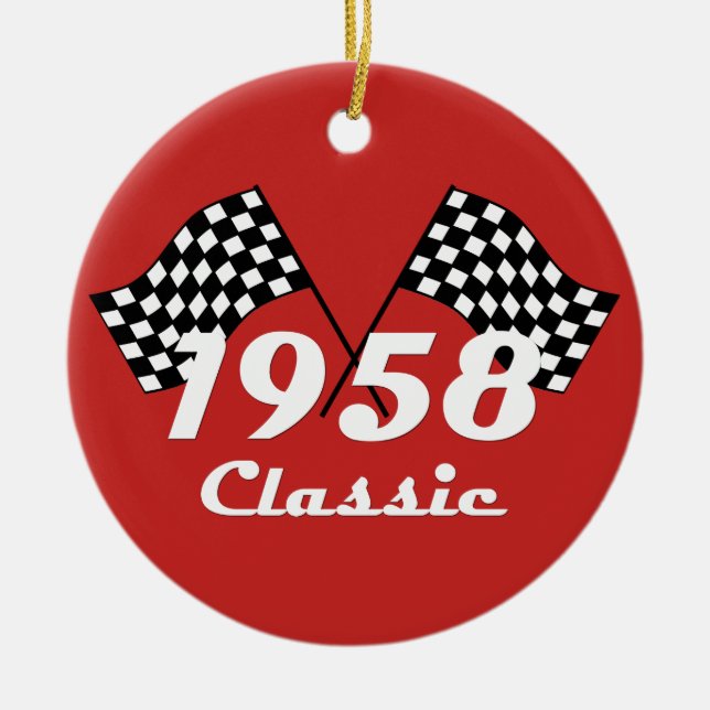 Retro 1958 Classic Black & White Checked Race Flag Ceramic Tree Decoration (Front)
