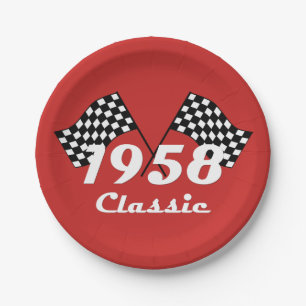 Retro 1958 Classic Black & White Checked Race Flag Paper Plate