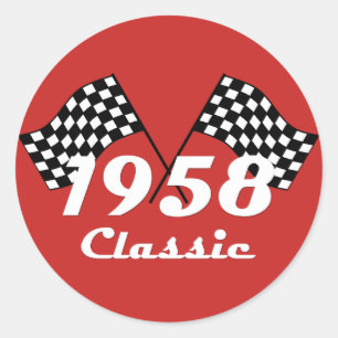 Retro 1958 Classic Black & White Checked Race Flag Round Sticker