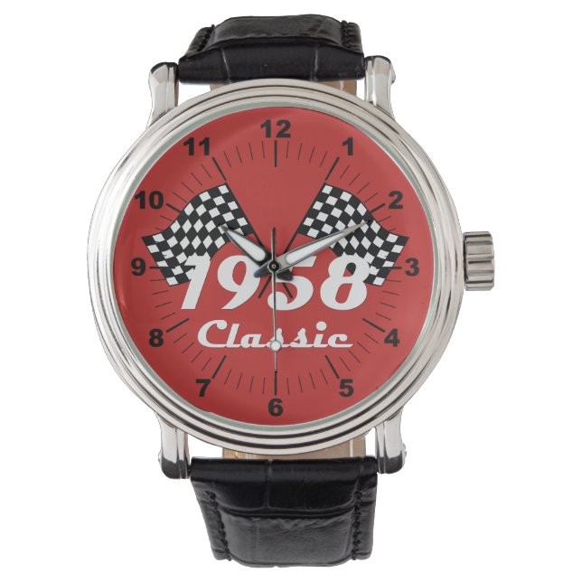 Retro 1958 Classic Black & White Checked Race Flag Watch (Front)