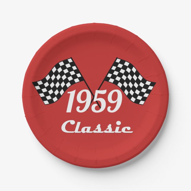 Retro 1959 Classic Black & White Chequered Flag Paper Plate (Front)