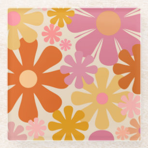 Retro 1960s 1970s Flowers Floral Pattern Glass Coaster