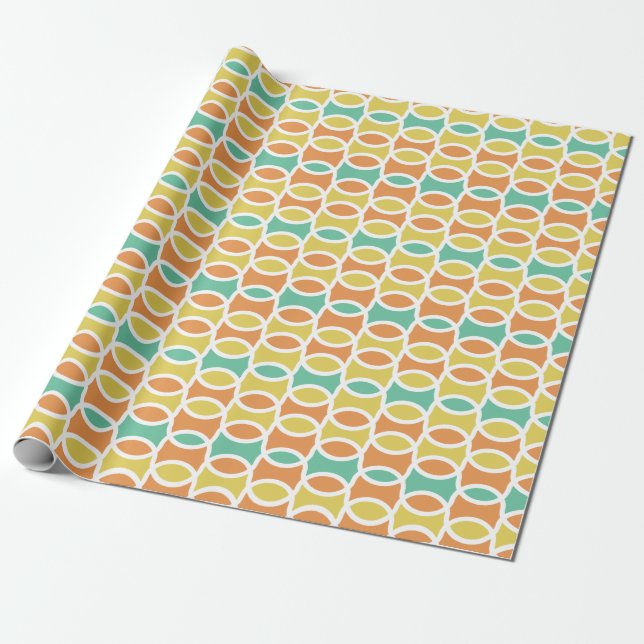 Retro 1960s Circles Ovals Orange Teal Gold Wrapping Paper (Unrolled)