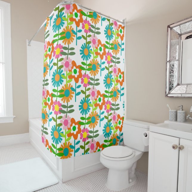 Retro 1960's Flowers Shower Curtain (In Situ)