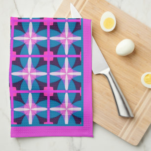 Retro 1960s Pink Blue Aubergine Aesthetic Tea Towel