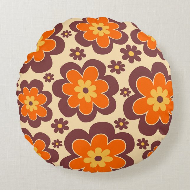 Retro 1960s Style Floral Pattern Round Cushion (Front)