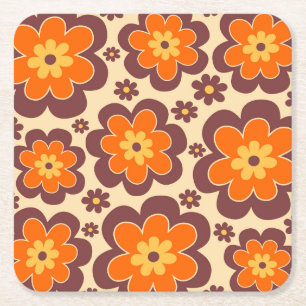 Retro 1960s Style Floral Pattern Square Paper Coaster