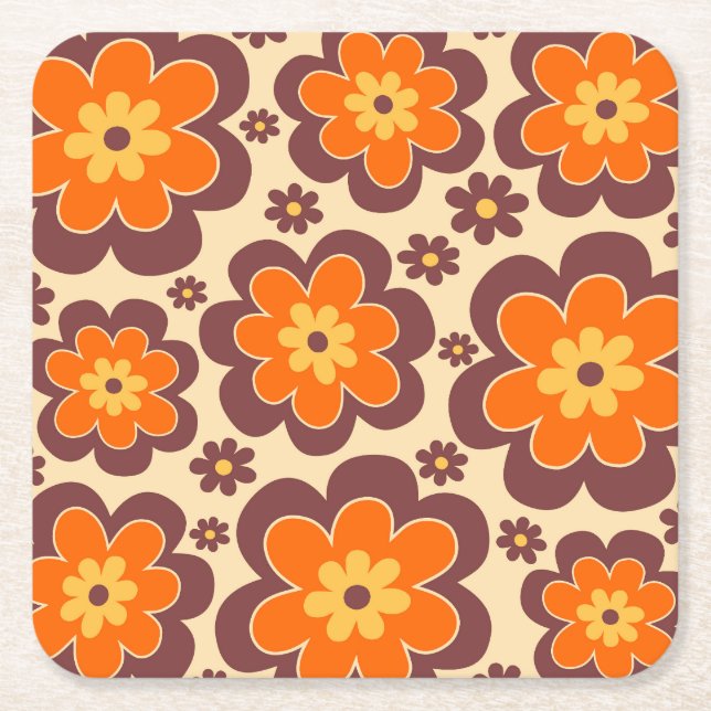 Retro 1960s Style Floral Pattern Square Paper Coaster (Front)