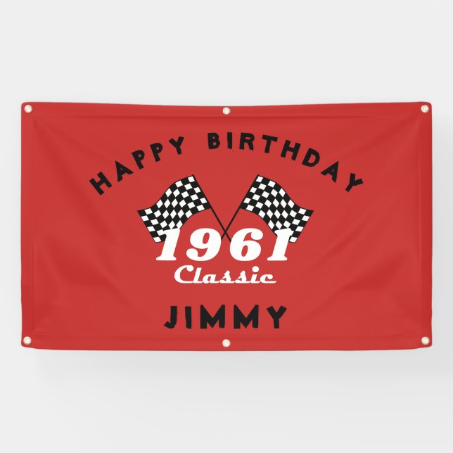 Retro 1961 Classic Black White Checked Race Flag Banner (Horizontal)