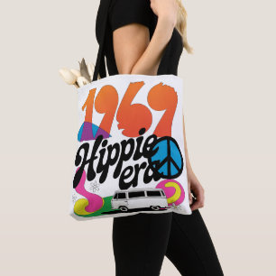 Retro 1969 Hippie Era Graphic with Peace Symbol Tote Bag