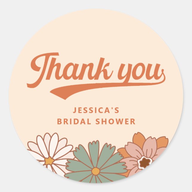Retro 1970s Bridal Shower Thank You Classic Round Sticker (Front)